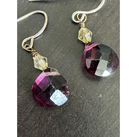 Purple Crystal Teardrop Dangle Fish Hook Earrings - Picture 4 of 4